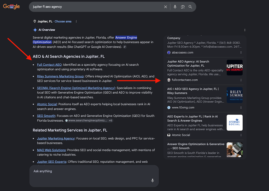 What do you do when a competitor has been doing negative SEO to one of your clients for 8 years? You outrank him for his own keyword in his own city that's 35 miles away from you because you have Full Contact AEO's citAEOtion Theme on your website